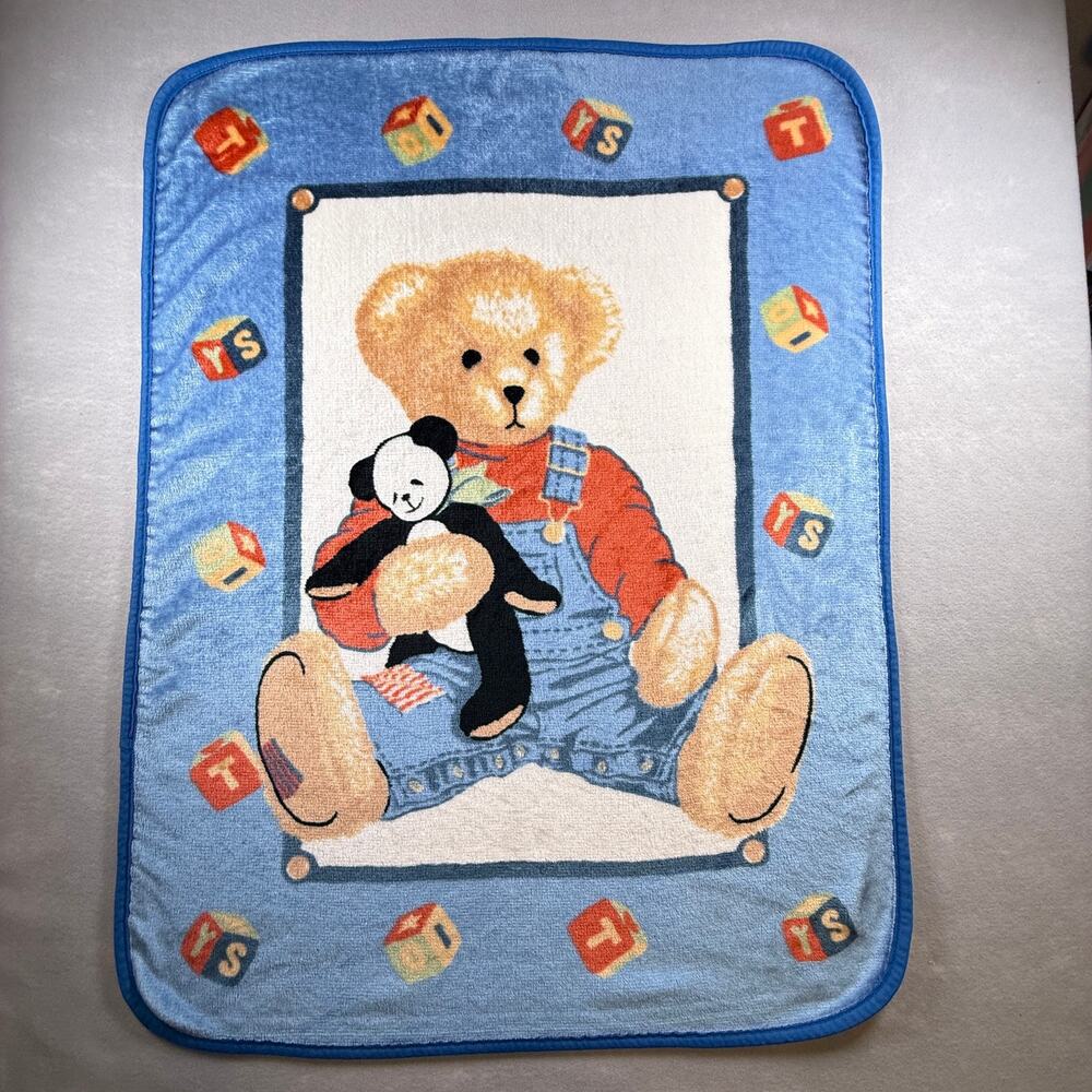 Vtg 90s Y2K Blue Jean Teddy w/ panda bear blanket - plush blocks crib size